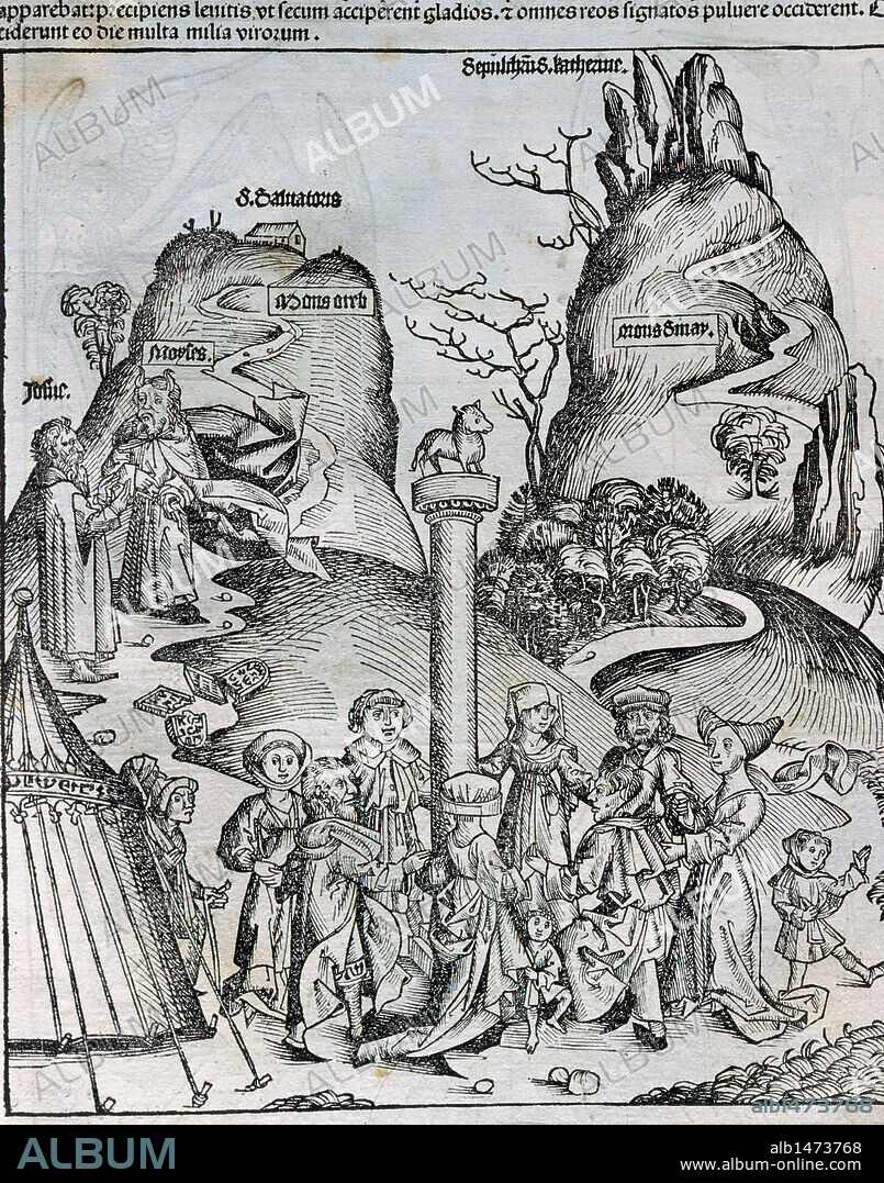 The Nuremberg Chronicle (Liber Chronicarum) by Hartmann Schedel. 1493. IllustratorMichael Wolgemut and Wilhelm Pleydenwurff. Language: Latin, German. Engraving. The Adoration of the Golden Calft by the israelitas. Moses went down from the mount Sinai, but upon seeing the calf, he became angry and threw down the two Tablets of Stone. Latin edition. Episcopal Library. Barcelona. Spain.