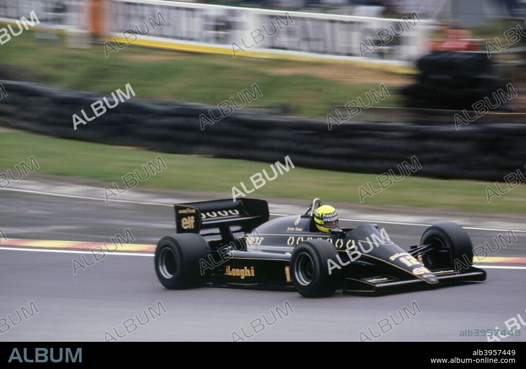 Ayrton Senna in the Lotus 98T at 1985 British Grand Prix Brands Hatch.