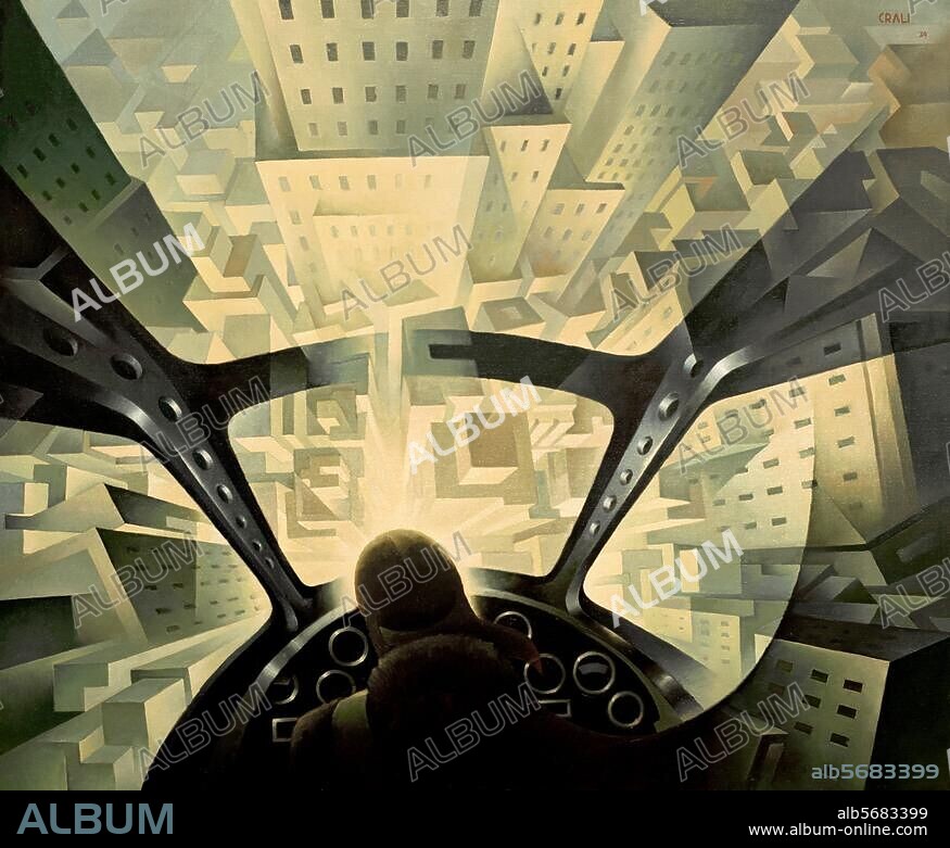 TULLIO CRALI. Crali, Tullio. Italian artist; 1910-2000. "Il tuffo sulla citta" (Nose Dive on the City), 1939. Oil on canvas, 130 × 155 cm. Milan, private collection. Trente, Museo d'Arte Moderna.