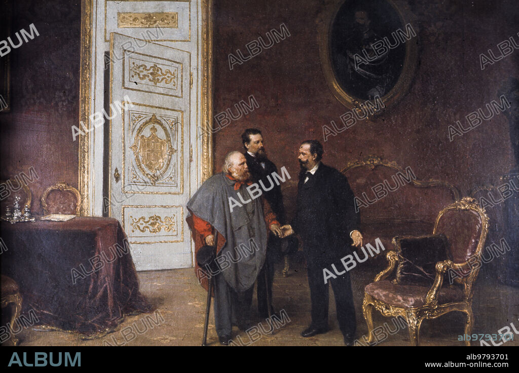 Giuseppe garibaldi and general giacomo medici meet re vittorio emanuele II., by gerolamo induno, XIX century.