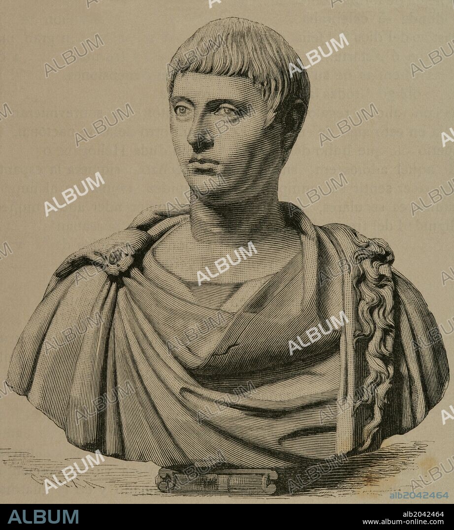 Heliogábalo (203-222). Emperador romano de la dinastía Severa que reinó desde el año 218 hasta el 222. Al convertirse en emperador tomó el nombre de Marco Aurelio Antonino Augusto, y sólo fue conocido como Heliogábalo mucho tiempo después de su muerte. Grabado. "El Mundo Ilustrado", año 1880.