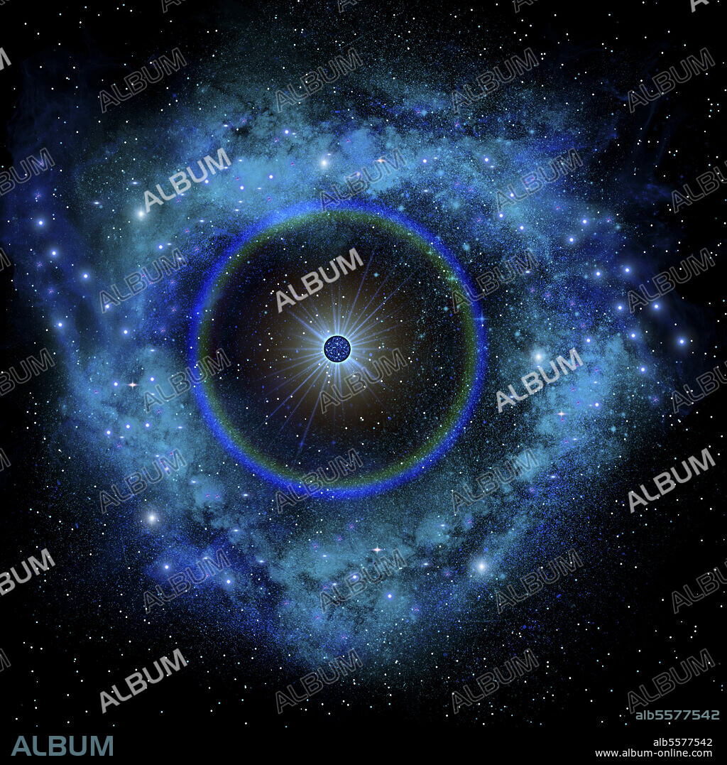 Artist's concept of a supernova explosion. A supernova is a stellar explosion that is brighter than a galaxy for a short time as it fades from view, leaving dust and particles to form other stars.