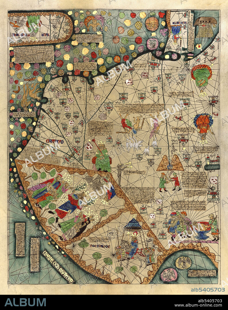 Mapamondi (more commonly written as mappa mundi referring to any medieval European map of the world). Relief and depths shown pictorially. The Catalan Atlas is the most important map of the medieval period in the Catalan language (drawn and written in 1375). It is attributed to Abraham Cresques (1325-1387) a master map-maker and builder of clocks, compasses, and other nautical instruments, in collaboration with his son, Jehuda Cresques (1360-1410). Abraham was a leading member of the Majorcan cartographic school coined by historians to refer to the collection of predominantly Jewish cartographers, cosmographers and navigational instrument-makers and some Christian associates that flourished in Majorca in the 13th, 14th and 15th centuries until the expulsion of the Jews. It has been in the royal library of France (now the Bibliothèque nationale de France) since the time of King Charles V. The Catalan Atlas originally consisted of six vellum leaves (each circa 65cm by 50cm) folded vertically, painted in various colors including gold and silver. These were cut in half later, and mounted on wooden panels enclosed in a leather binding.