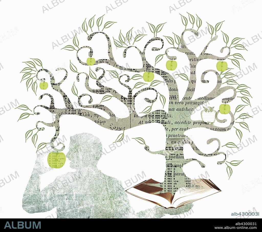 Man eating apple from the tree of knowledge growing out of book.