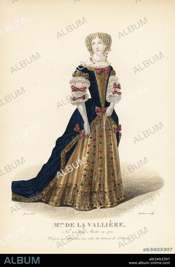 Louise Francoise de la Baume-le-Blanc, Duchess of La Valliere, mistress to King Louis XIV, 1644-1710. She wears her hair in ringlets, a pearl choker, a blue mantua dress decorated with lace collar and sleeves, gold embroidery, ribbon bows, and gold petticoat. After a miniature on vellum in the editor's collection. Handcoloured copperplate engraving by Georges Jacques Gatine after an illustration by Louis Marie Lante from Galerie Francaise de Femmes Celebres, Paris, 1827.