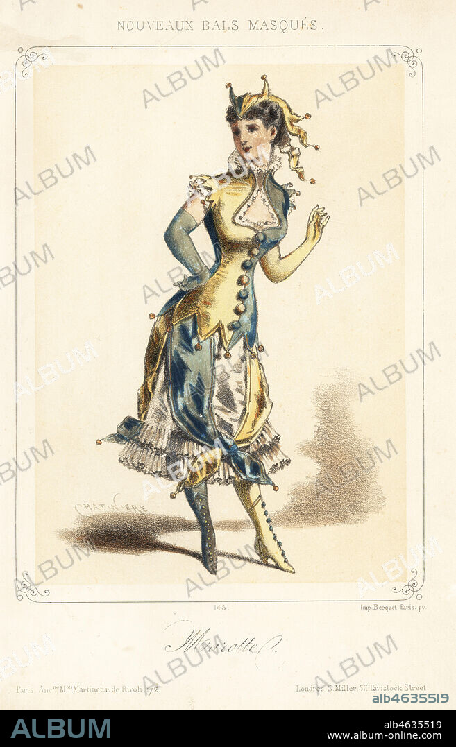 Woman in costume as a Marotte (jester's stick) for a masquerade ball. Handcoloured lithograph by Chatiniere published by Martinet, Paris, 1880s.