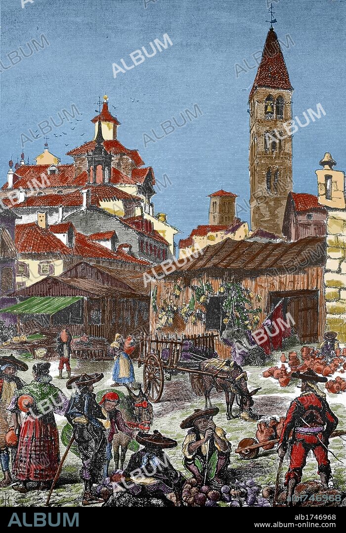 CASTILLA-LEON. VALLADOLID. Plaza del Mercado. Grabado coloreado. "La Ilustración Ibérica", 1886.