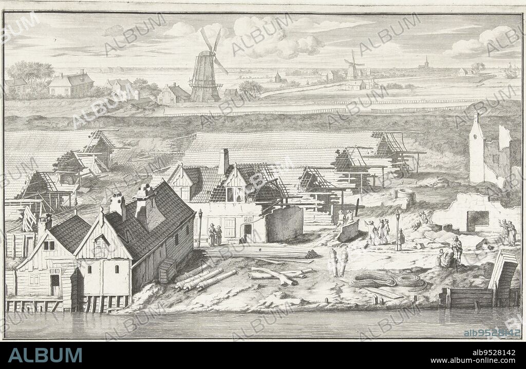 Ruins of the three lanes burned out on 4 June 1680 on the entrenchment to the Smallepadsgracht in Amsterdam. Later (with the letter) is plate 10 in the Brandspuitenboek by Jan van der Heyden, Ruins of the three burnt out line runways on the ramp at Smallepadsgracht, 1680., print maker: Laurens Scherm, (attributed to), print maker: Jan van der Heyden, (attributed to), intermediary draughtsman: Jan van der Heyden, Amsterdam, in or before 1690, paper, etching, engraving, h 239 mm × w 340 mm.