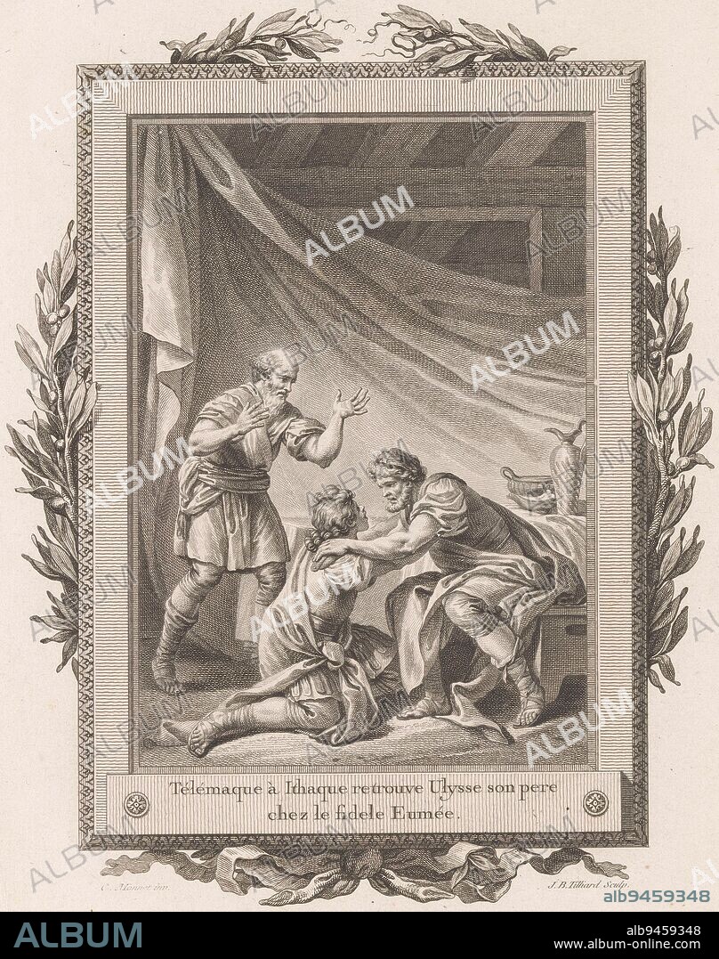 Telemachus, kneeling on the ground, and Odysseus, seated on a stool, embrace each other. The scene is framed by an ornamental frame with olive branches and a bow at the bottom. Numbered upper right: No. III. Telemachus and Odysseus reunited on Ithaca, print maker: Jean-Baptiste Tilliard, (mentioned on object), intermediary draughtsman: Charles Monnet, (mentioned on object), publisher: Pierre Didot, print maker: France, intermediary draughtsman: France, publisher: Paris, publisher: Paris, publisher: Paris, publisher: Paris, publisher: Paris, 1785, paper, etching, engraving, h 319 mm × w 249 mm.