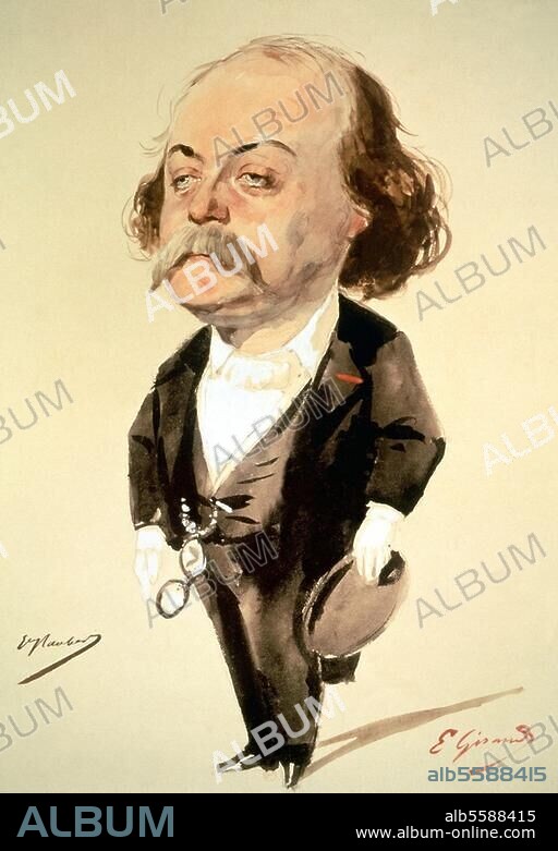 EUGENE GIRAUD. Flaubert, Gustave ; écrivain français . Rouen 12.12.1821 - Croisset, près de Rouen 7.5.1880. Caricature. Aquarelle, de Eugène Giraud (1806-1881). Paris, Bibliothèque Nationale.
