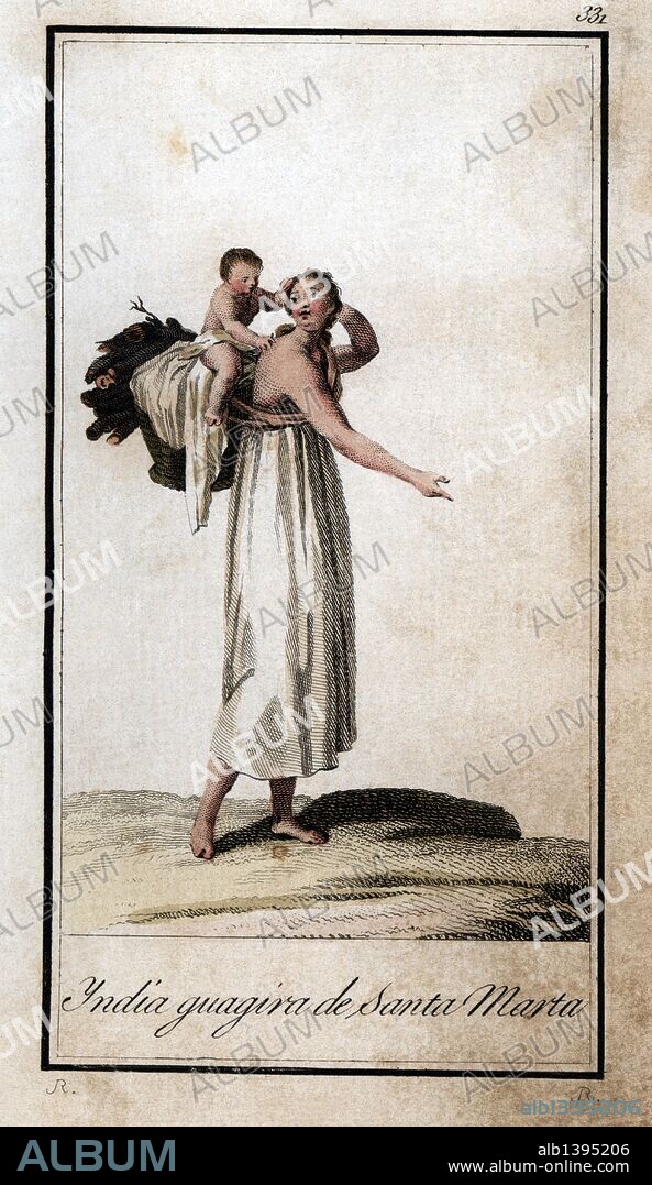Mujer india Guagira de Santa Marta. Grabado en color de 1805.