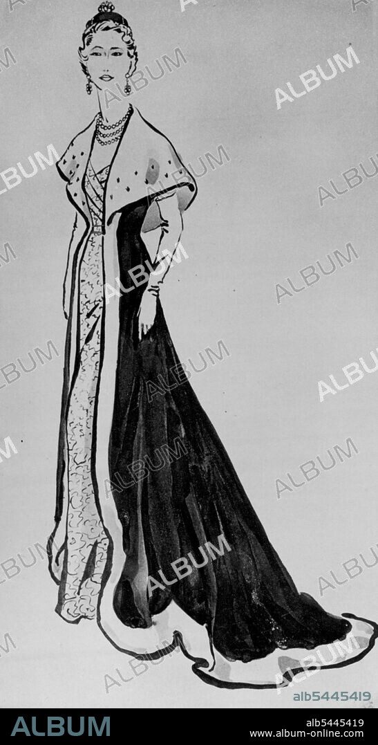 Hartnell's Coronation Dress For Peeresses -- Norman Hartnell's design for the alternative dress to be worn by viscountesses and baronesses not in possession of robes of state complete with coronets and kirtles. (A kirtle is a kind of pettycoat). It consists of a robe of crimson velvet, trimmed with miniver pure, two inches in width. The cape is to have rows or bars of ermine tails, two rows for a baroness and two and a half for a viscountess. The Robe fits the waist and is open to show the dress which should be white or cream with gold or silver embroidery. December 09, 1952. (Photo by Paul Popper).