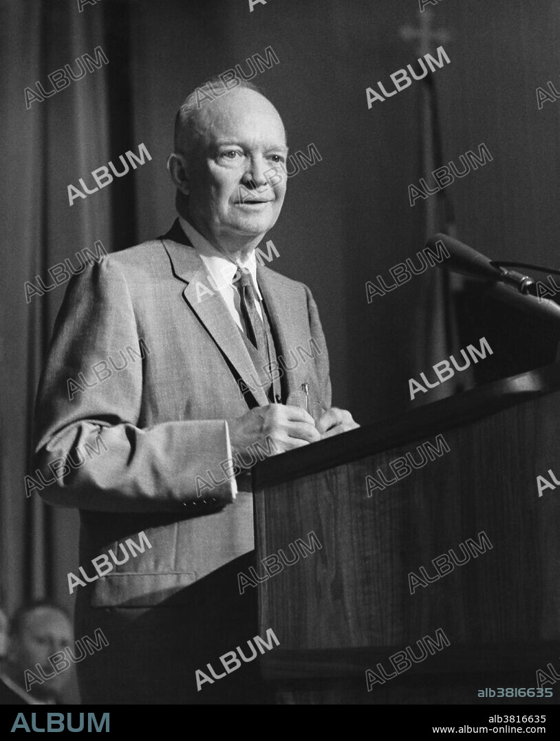 Eisenhower at St. John's College during the dedication of the Francis Scott Key Auditorium, 1959. Dwight David "Ike" Eisenhower (October 14, 1890 - March 28, 1969) was the 34th President of the US (1953-61). He was a five-star general in the US Army during WWII, and served as Supreme Commander of the Allied Forces in Europe. He was responsible for planning and supervising the invasion of North Africa in Operation Torch in 1942-43 and the successful invasion of France and Germany in 1944-45. He entered the 1952 presidential race as a Republican to crusade against Communism, Korea and corruption. He won by a landslide, defeating Adlai Stevenson and ending two decades of the New Deal Coalition. He left most political activity to his Vice President, Richard Nixon. He was a moderate conservative who continued New Deal agencies, expanded Social Security and launched the Interstate Highway System. He enforced federal court orders to desegregate public schools, and signed civil rights legislation in 1957 and 1960 to protect the right to vote. He implemented desegregation of the armed forces, and made five appointments to the Supreme Court. His two terms were peaceful ones for the most part and saw considerable economic prosperity. He is currently ranked as one of the top ten American Presidents. He died of congestive heart failure in 1969.