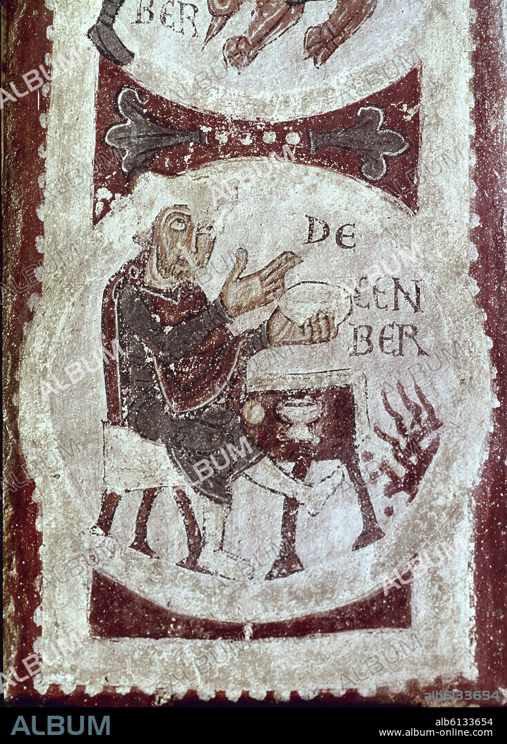 PANTEON REAL-ROMANICO-CALENDARIO AGRICOLA-DICIEMBRE-HOMBRE COMIENDO JUNTO AL FUEGO-AÑO 1160/1170.