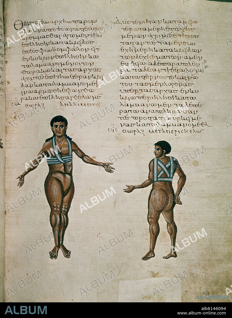 SORANO DE EFESO (98-138?). MANUSCRITO DE MEDICINA GRIEGA - MINIATURAS DE DIFERENTES TIPOS DE VENDAJES REALIZADAS EN EPOCA BIZANTINA - SIGLO XI.