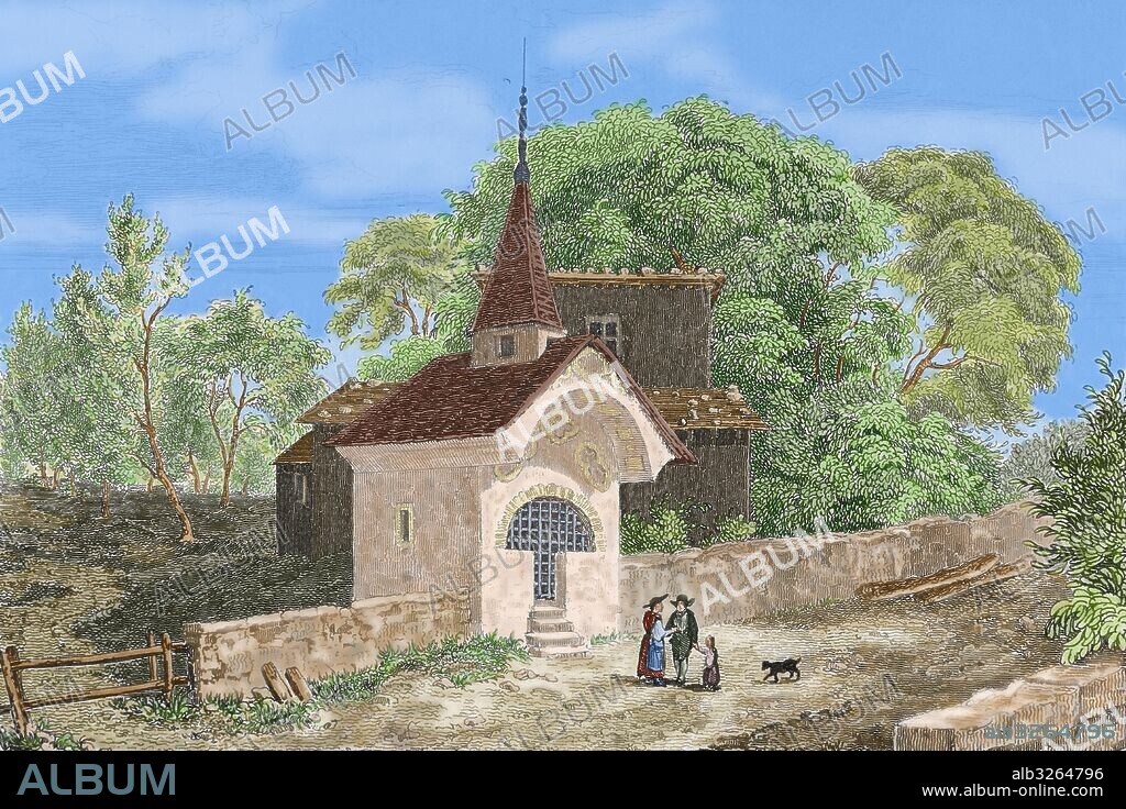 Engraving depicting the home of William Tell, folk hero of Switzerland in the 14th century, in Burglen. Colored.