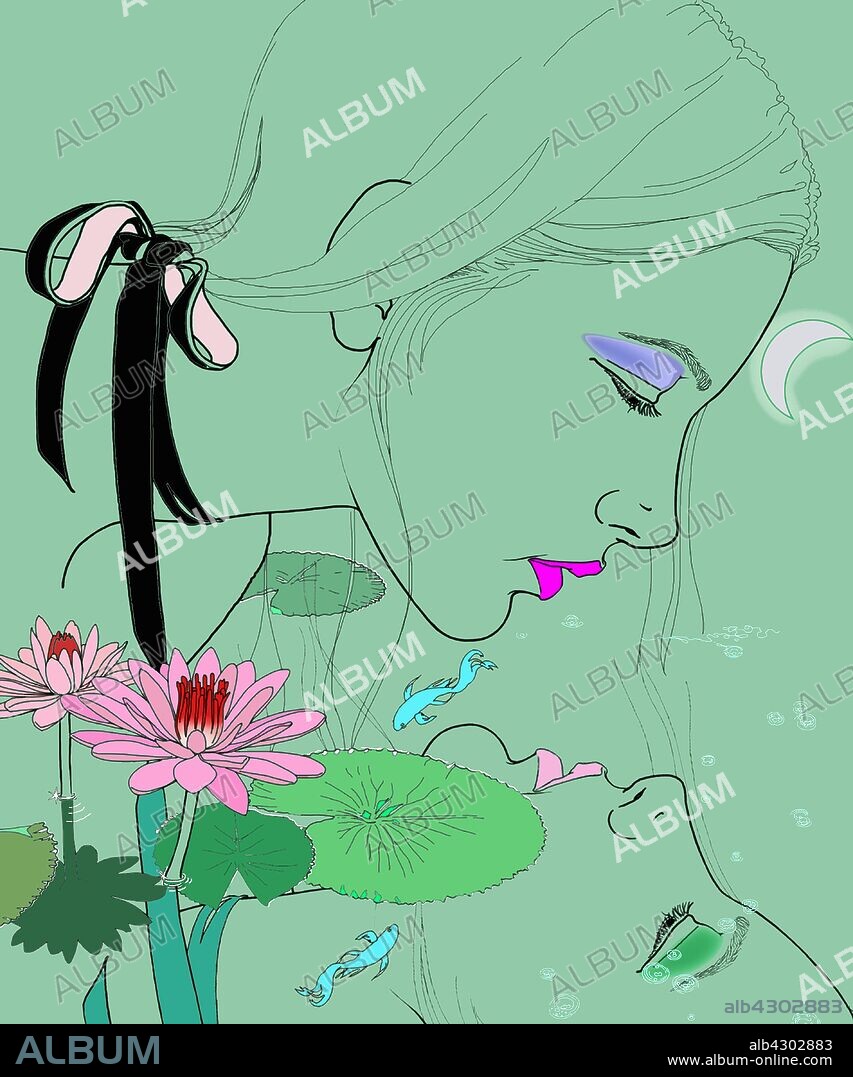 Pisces woman zodiac sign looking at reflection in pond.