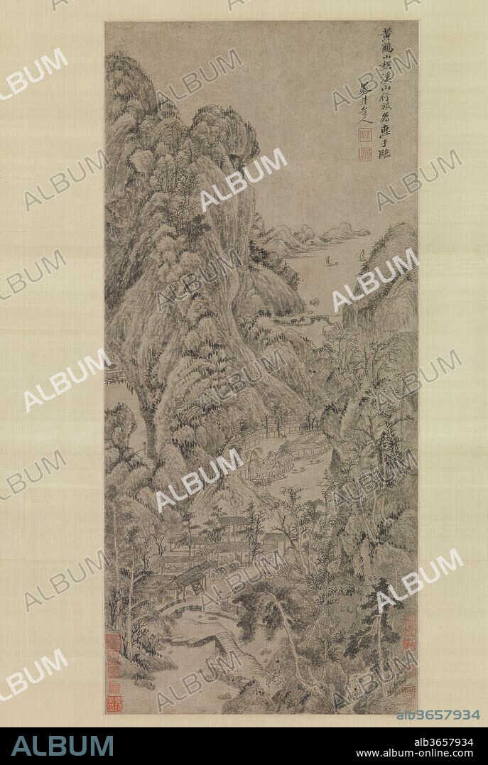 Travelers among Streams and Mountains. Artist: Wu Li (Chinese, 1632-1718). Culture: China. Dimensions: Image: 23 1/4 x 10 5/8 in. (59.1 x 27 cm)
Overall with mounting: 73 1/2 x 18 in. (186.7 x 45.7 cm)
Overall with knobs: 73 1/2 x 21 1/4 in. (186.7 x 54 cm). Date: probably 1670s.
Wu Li, one of the six great Orthodox School masters of the early Qing, began his study of ancient paintings with an album owned by the venerable Orthodox painter Wang Shimin (1592-1680). The album, entitled Within Small See Large (Xiaozhong xianda), contained reduced copies of Song and Yuan masterpieces owned by Wang.
In Travelers among Streams and Mountains, probably made in the 1670s, Wu Li carefully copies the album leaf that preserves a composition by the late Yuan master Wang Meng (ca. 1308-1385). Wu's interpretation gives the work new life, however, through the vigor and spontaneity of his execution. Responding and adjusting to each newly realized brushstroke in a constant interaction between brush, ink, paper, and the observed form, Wu Li's brushwork and composition grow with the "momentum" and "force" (shi) of the artist's performance.
In addition to superb brushwork, Wu Li demonstrates a genius for using ink; using different shades of gray, he creates in his landscape the luminous atmospheric quality that is one of his hallmarks.