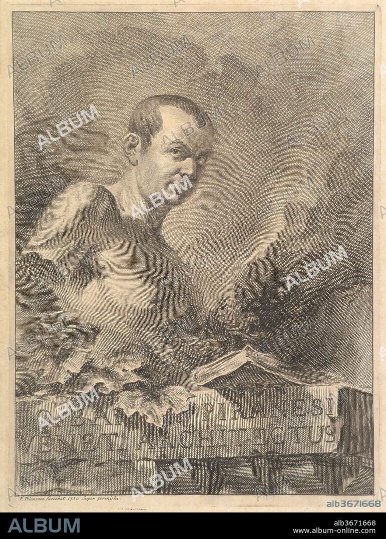 Portrait of G.B. Piranesi in imitation of an antique bust, from Opere varie di Architettura, prospetive, grotteschi, antichità; inventate, ed incise da Giambattista Piranesi Architetto Veneziano (Various Works of Architecture, perspectives, grotesques, and antiquities, designed and etched by Giambattista Piranesi, Venetian Architect). Artist: Francesco Polanzani (Italian, Noale near Venice 1700-after 1783 Venice (?)). Dimensions: Sheet: 12 13/16 x 18 7/8 in. (32.5 x 48 cm)
Plate: 5 1/4 x 10 5/8 in. (13.3 x 27 cm). Publisher: Giovanni Bouchard (French, ca. 1716-1795). Series/Portfolio: Opere Varie di Architettura, prospettive, grotteschi, antichità; inventate, ed incise da Giambattista Piranesi Architetto Veneziani. Sitter: Giovanni Battista Piranesi (Italian, Mogliano Veneto 1720-1778 Rome). Date: 1750.