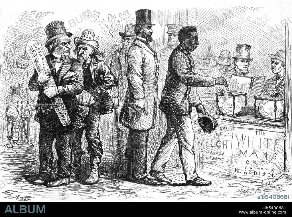 Illustration showing several men at a polling place where a black man places his ballot in the box for "Re[publ]ican Mayor Welch" which is next to the empty ballot box for "The White Mans Ticket for Mayor H. Addison." President Andrew Johnson is standing on the left, holding his "Suffrage Veto"; additional "Veto[s]" are stuffed into his coat pocket.