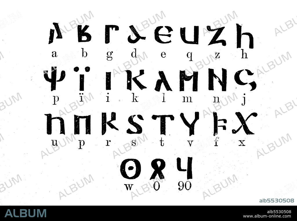 The Gothic alphabet, alphabetic script developed by the 4th century Gothic bishop Wulfila to translate the New Testament into the Gothic language, illustration from 1880 the Gothic language developed, illustration from 1880, Historisch, historical, digital improved reproduction of an original from the 19th century.