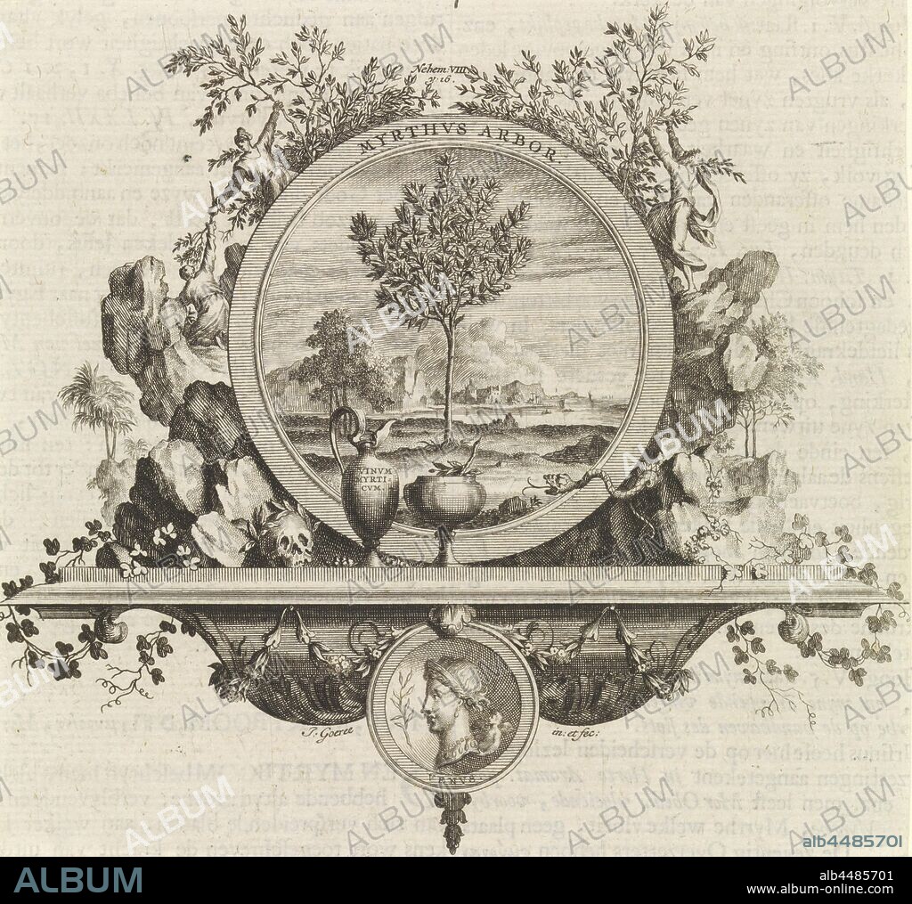 Emblem: myrtle tree Myrthus Arbor (title on object), A landscape with a myrtle tree in a medallion decorated with myrtle branches. Under the medallion a jug with myrtle wine and a chalice with a myrtle leaf. Below that is a portrait of Venus., Shrubs: myrtle, (story of) Venus (Aphrodite), landscapes with waters, waterscapes, seascapes (in the temperate zone), Jan Goeree (mentioned on object), 1723, paper, engraving, w 150 mm × h 144 mm.