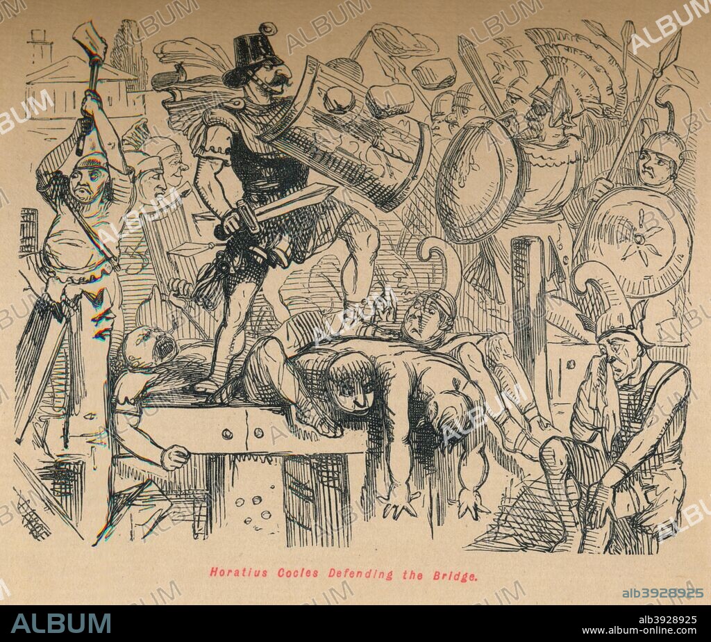 'Horatius Cocles Defending the Bridge', 1852. From The Comic History of Rome, by Gilbert A A'Beckett, illustrated by John Leech. [Bradbury, Agnew & Co, London, 1852].