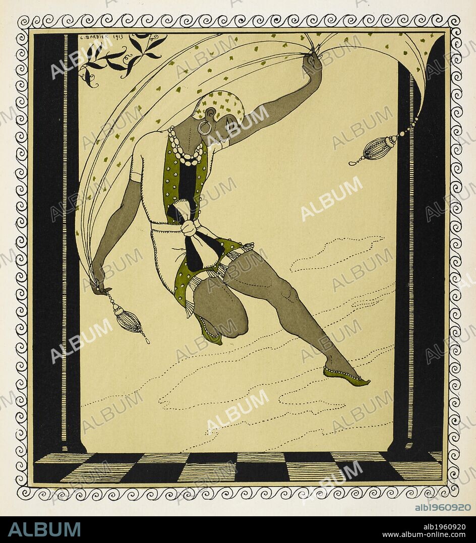 GEORGE BARBIER. "Cleopatre". A dancer from Anton Arensky's 1909 production who is wearing a short white, green and black outfit tied at the waist, green shoes and a white patterned hat. Designs on the Dances of Vaslav Nijinsky ... Foreword by Francis de Miomandre, translated from the French by C. W. Beaumont. London, Paris [printed], 1913. Source: L.R.28.a.14, plate 3.