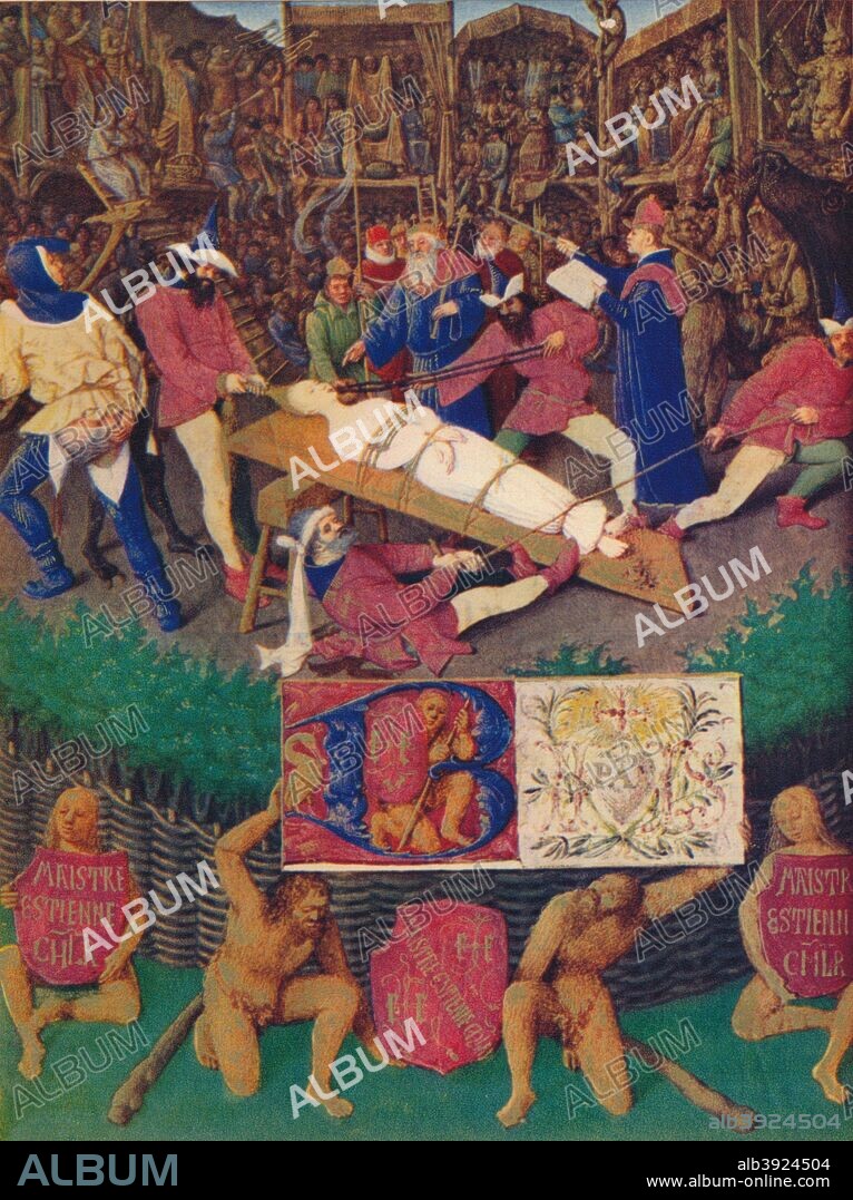 'The Martyrdom of St. Apolline', c1455, (1939). Saint Apollonia was one of a group of 2nd century virgin martyrs who suffered in Alexandria during a local uprising against the Christians prior to the persecution of Decius. According to legend, her torture included having all of her teeth violently pulled out or shattered. The illustration is part of the manuscript Livre d'heures d'Etienne Chevalier by Jean Fouquet. Forty pages of it (including this work) are held by the  Musee Conde, Chantilly, France. From Verve - Nos. 5-6, July-October 1939. [Verve, France, 1939].