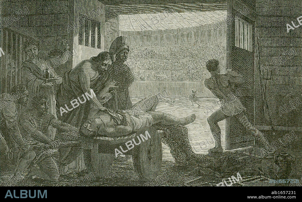 Galen (Claudius Galenus c130-201 AD) Greek physician. Physician to the gladiators at Pergamum tending the wounded in the amphitheatre. Artist's reconstruction published Paris, 1866.