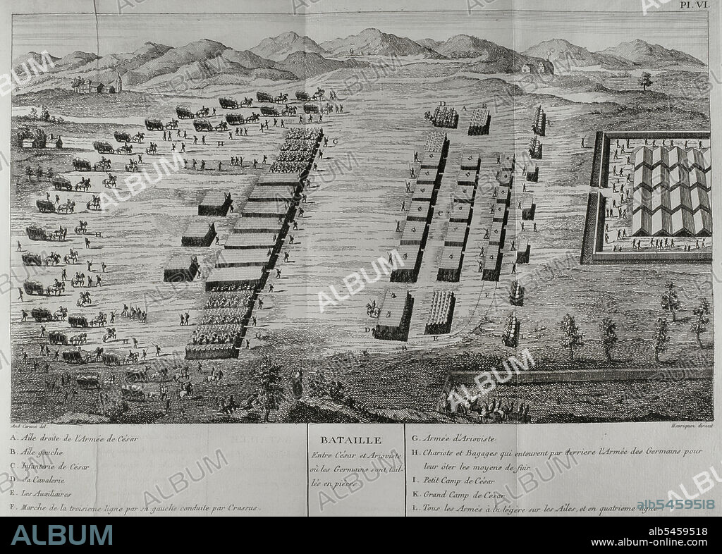 Gallic Wars (58 BC-50 BC). First campaign against the Germanic tribes (58 BC). Battle of Vosges (58 BC). Combat between the Germanic tribe of the Suebi under the command of Ariovistus against six Roman legions led by Gaius Julius Caesar. Engraving. "Commentaires de Cesar, avec des notes historiques, critiques et militaires", by Count Turpin de Crissé. Volume I. Published in Montargis and sold in Paris, 1785.
