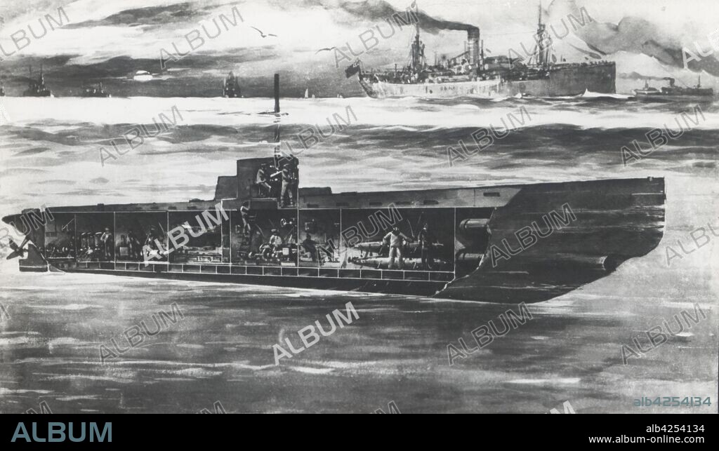 Primera guerra mundial (1914-1918). Esquema del interior de un submarino alemán sumergido en aguas inglesas.