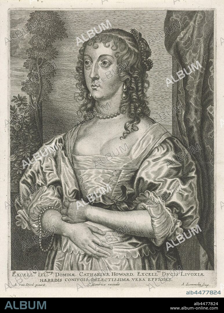 Portrait of Katherine Howard, Duchess of Lenox, Katherine Howard, Adriaen Lommelin (mentioned on object), Antwerp, 1630 - 1677, paper, engraving, h 248 mm × w 186 mm.