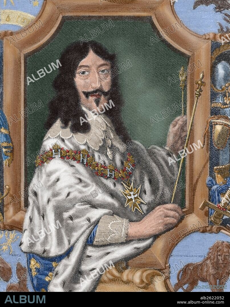 LUIS XIII "el Justo" (Fontainebleau, 1601-Saint Germain, 1643). Rey de Francia (1610-1643), hijo de Enrique IV. En 1615 casó con Ana de Austria. Grabado coloreado de "La Historia Universal" (1885) .