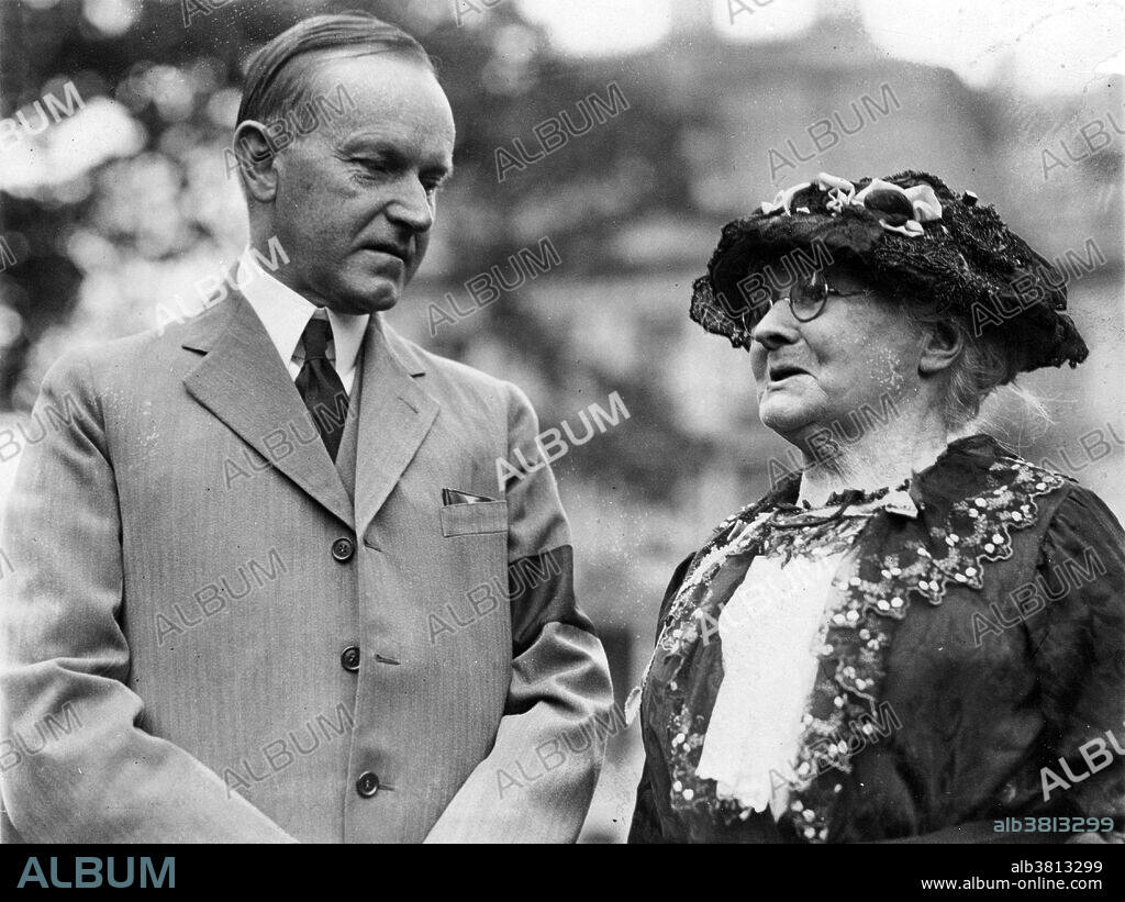 President Coolidge and Mother Jones, 1924. John Calvin Coolidge, Jr. (July 4, 1872 - January 5, 1933) was the 30th President of the United States (1923-1929). A Republican lawyer from Vermont, Coolidge worked his way up the ladder of Massachusetts state politics, eventually becoming governor of that state. Soon after, he was elected as the 29th Vice President in 1920 and succeeded to the Presidency upon the sudden death of Warren G. Harding in 1923. Elected in his own right in 1924, he gained a reputation as a small-government conservative, and also as a man who said very little. Coolidge restored public confidence in the White House after the scandals of his predecessor's administration, and left office with considerable popularity. Mary Harris "Mother" Jones (1837 - November 30, 1930) was an Irish schoolteacher and dressmaker who became a prominent labor and community organizer, who helped coordinate major strikes and co-founded the Industrial Workers of the World. National Photo Company Collection.
