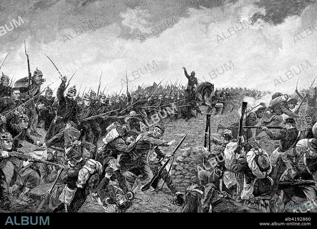 The Battle of Saint-Quentin on January 19, 1871 between the French Army and the German 1st Army was a battle of the Franco-Prussian War, bayonet attack of the 9th and 10th Company 29th Regiment, reproduction of a woodcut from 1882, digital improved.