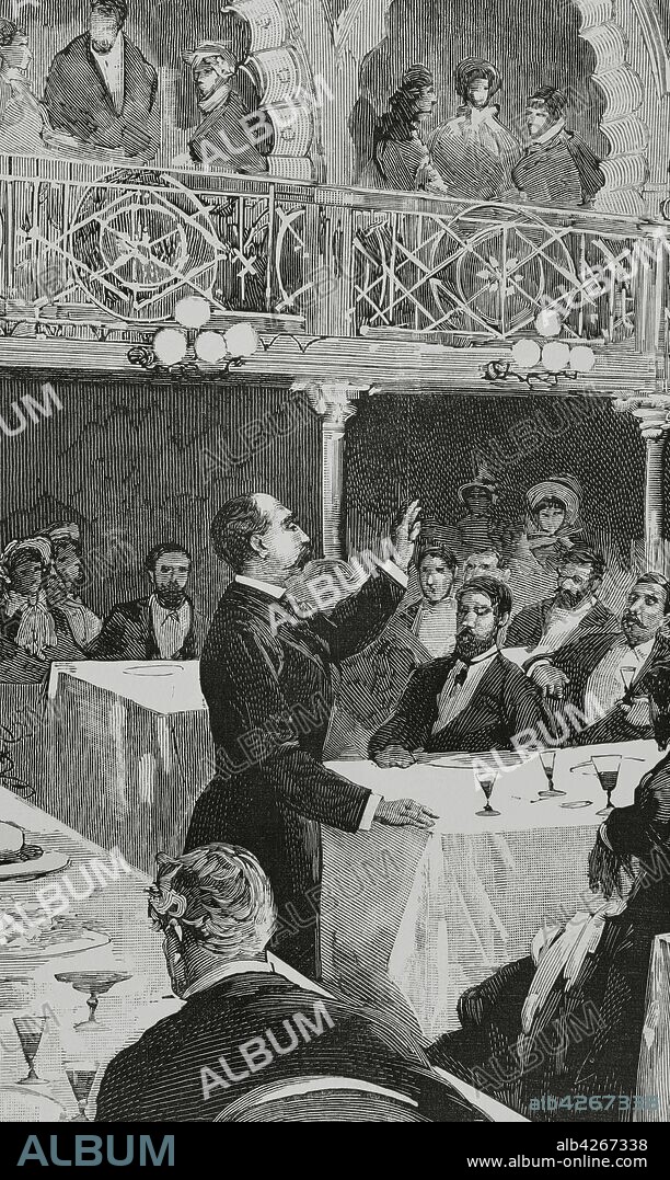 Restauración Borbónica. España. Madrid. Banquete del Partido Democrático-Monárquico en el Teatro de la Alhambra, el 14 de noviembre de 1881. Segismundo Moret y Prendergast (1838-1913) dirigiendo la palabra a los asistentes. Grabado por Bernardo Rico (1825-1894), detalle. La Ilustración Española y Americana,22 de noviembre de 1881.