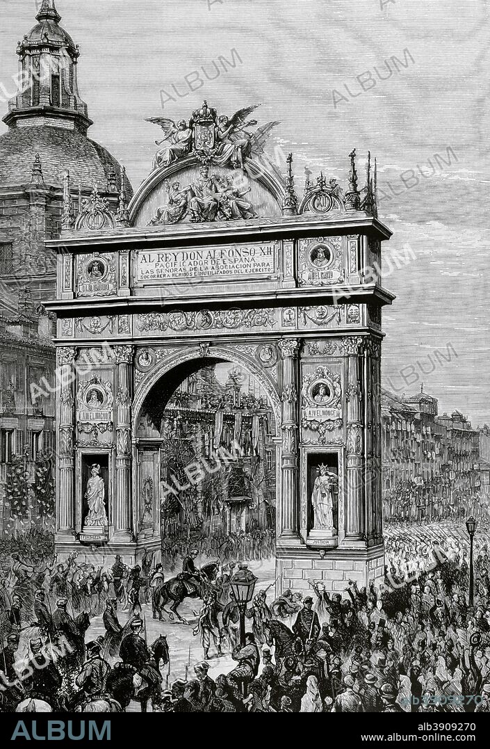 Restauración Borbónica. España. Madrid. Arco triunfal construido entre las confluencias de la calle Alcalá y Peligros para recibir al rey Alfonso XII tras el final de la Tercera Guerra Carlista. Arco sufragado por las señoras de la Asociación para Socorrer a los Heridos del Ejército, durante las guerras Carlistas. Dibujo por Juan Comba. Grabado. La Ilustración Española y Americana, 30 de marzo de 1876. Biblioteca Histórico Militar de Barcelona, Cataluña, España.