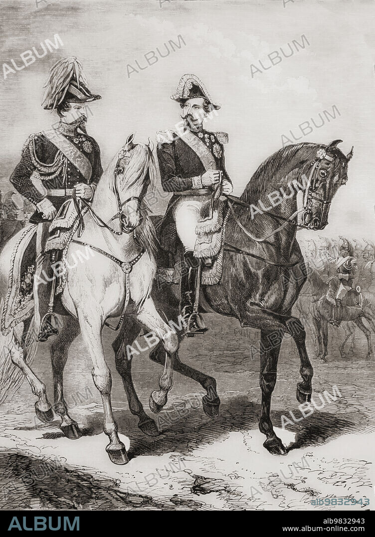 Napoleon III and his wife, members of a hunting party in the Forest of Compiègne, France, 1859. Napoleon III, 1808 1873. First President of France, as Louis-Napoléon Bonaparte, 1848 - 1852 and Emperor of the French, 1852 - 1870. Doña María Eugenia Ignacia Agustina de Palafox y Kirkpatrick, 19th Countess of Teba, 16th Marchioness of Ardales, 1826 1920, aka Eugénie de Montijo. Empress of the French from her marriage to Emperor Napoleon III. From L'Univers Illustre, published Paris, 1859.
