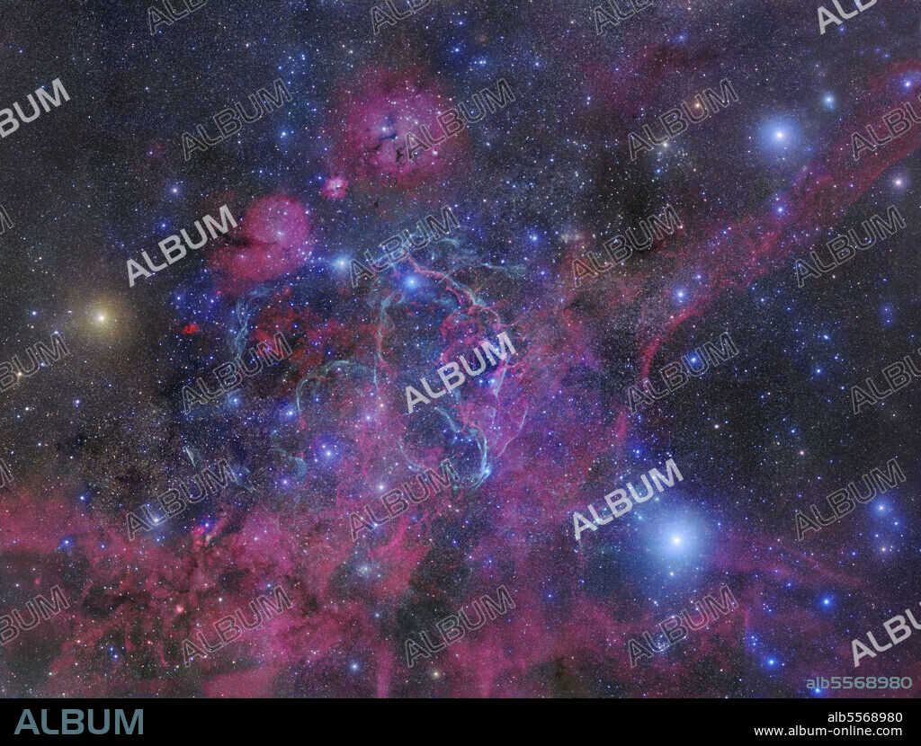 The Vela supernova remnant is a supernova remnant in the southern constellation Vela. Approximately 11,000 to 12,000 years ago a massive star exploded in the southern constellation of Vela. The matter ejected by the supernova scattered the contents of the star into the surrounding interstellar medium creating shock fronts of multimillion degree gas and high energy particles. The heated matter produces brilliant visible light as well as radio and x-ray emission which will continue for thousands of years until the entire remnant of the dying star completely dissipates into space.