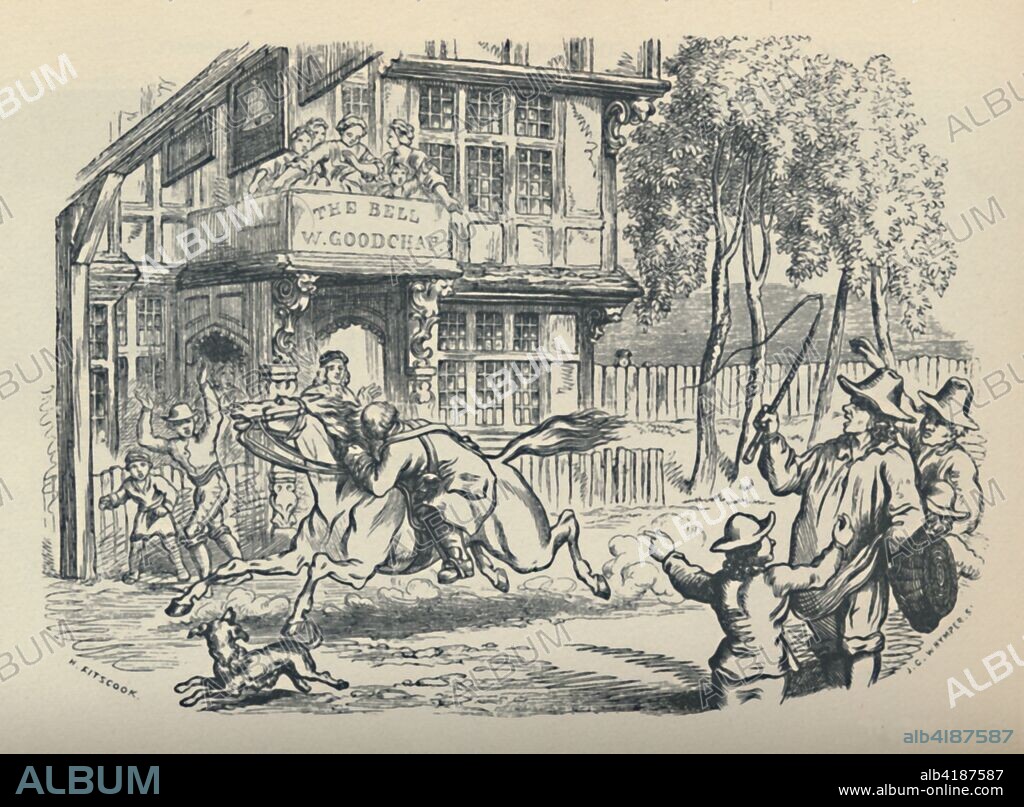 'John Gilpin Passing The Bell, Edmonton', (c1950). Scene from The Diverting History of John Gilpin, a comic ballad of 1782 by William Cowper, based on a real-life character. Here, Gilpin loses control of his horse during a journey to the Bell Inn at Edmonton, (London). From The Outline of Literature, edited by John Drinkwater. [George Newnes Limited, London, c1950].