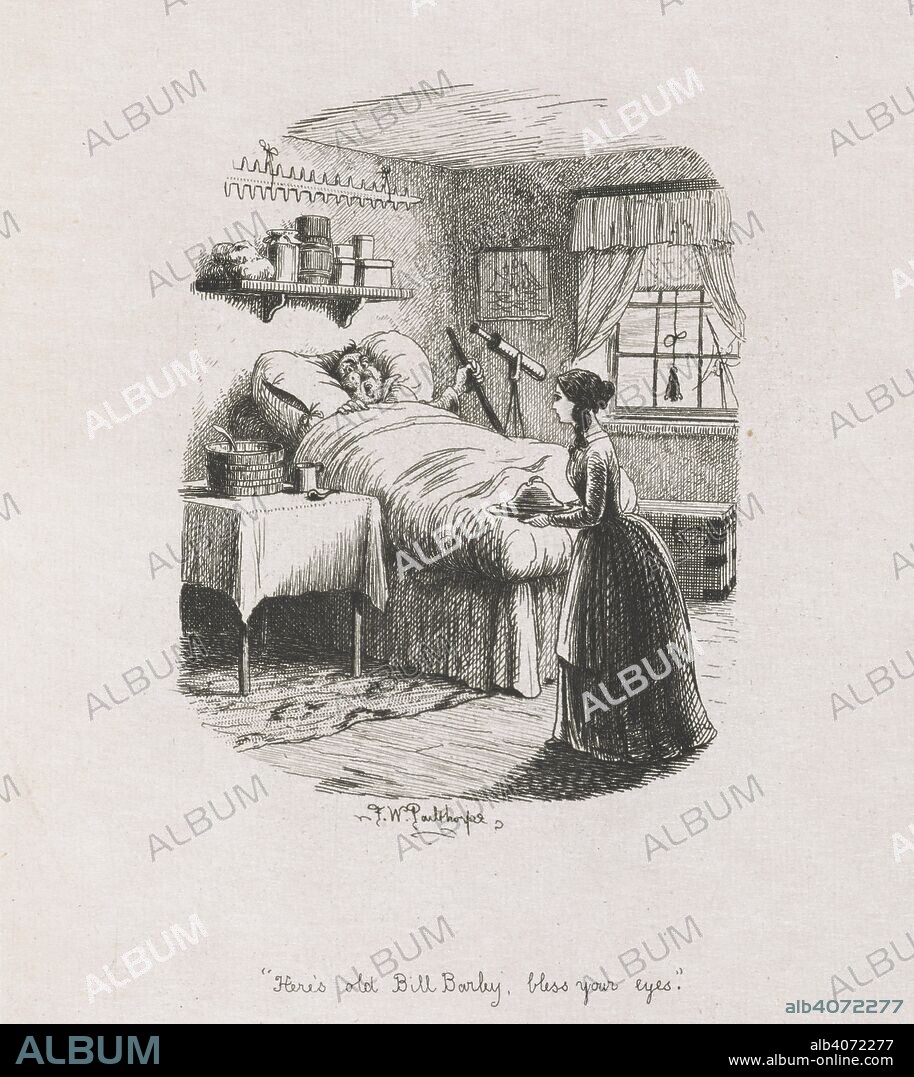 "Here's old Bill Barley, bless your eyes." Bill Barley in bed being attended by his daughter, Clara.  . Great Expectations. By Charles Dickens. [Twenty-one engraved plates, including a titlepage, after etchings by F. W. Pailthorpe.]. London : Robson & Kerslake, 1885. Source: K.T.C.28.b.20 page 16.