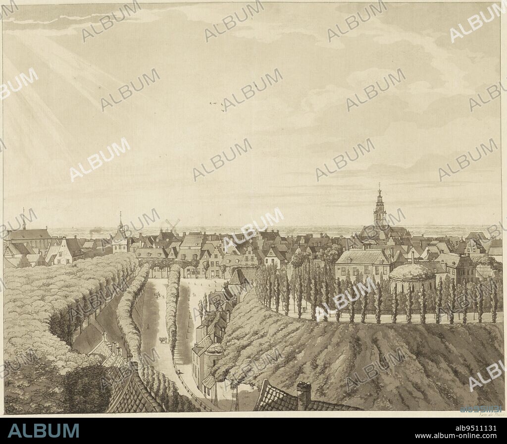 Nijmegen, view from the Belvédère towards the west. Shown are the Stevenskerk, the Gasthuiskerk, the Valkhof with the Barbarossa ruins, the Burchtpoort and the Kelfkensbos. The print is part of a suite of nine prints, including the title print, Nijmegen, view from the Belvédère towards the west To the west, Faces around the city of Nijmegen (title series) Geldersch panorama or circular view of life drawn on belvedére in Nymegen (title series)., print maker: Derk Anthony van de Wart, (mentioned on object), Nijmegen, 1815 - 1824, paper, etching, h 314 mm × w 390 mm.