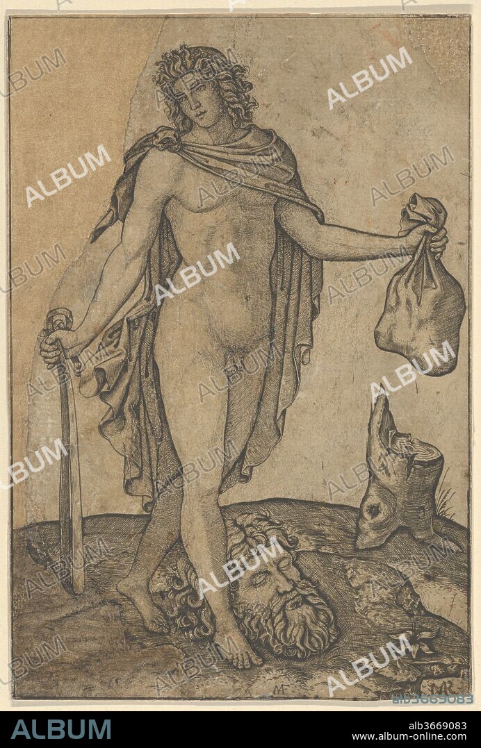 David standing, sword in lowered right hand, sack in the left, the head of Goliath on the ground beneath him. Artist: Marcantonio Raimondi (Italian, Argini (?) ca. 1480-before 1534 Bologna (?)); After (?) Francesco Francia (Italian, Bologna ca. 1447-1517 Bologna). Dimensions: 6 1/2 x 4 3/8 in.  (16.5 x 11.1 cm). Date: ca. 1506.