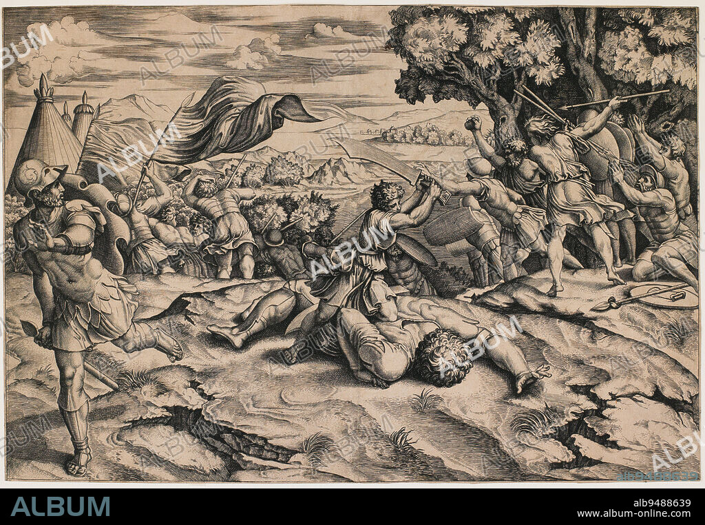 David Beheading Goliath, c. 1520-25, Marcantonio Raimondi; Artist: After Raphael (Raffaello Sanzio or Santi), Italian, c. 1475/1480c.1534, 10 3/8 x 15 1/2 in. (26.39 x 39.37 cm) (image), Engraving, Italy, 16th century, Modeled after a fresco by Raphael in the Vatican, Marcantonio Raimondi's engraving depicts the climactic scene after weeks of combat between the Israelites and the Philistines, According to the Books of Samuel from the Bible, the Philistine (pagan) warrior Goliath is defeated in battle by the young David, the future king of Israel, who uses a simple sling and stone to fell the giant. In epic form, David is set to behead Goliath, whose right-hand fingers still grasp for life. In 16th-century Italy, Marcantonio's audiences would immediately have interpreted David as Christ, Goliath as Satan, and the Israelites as the Church Triumphant.