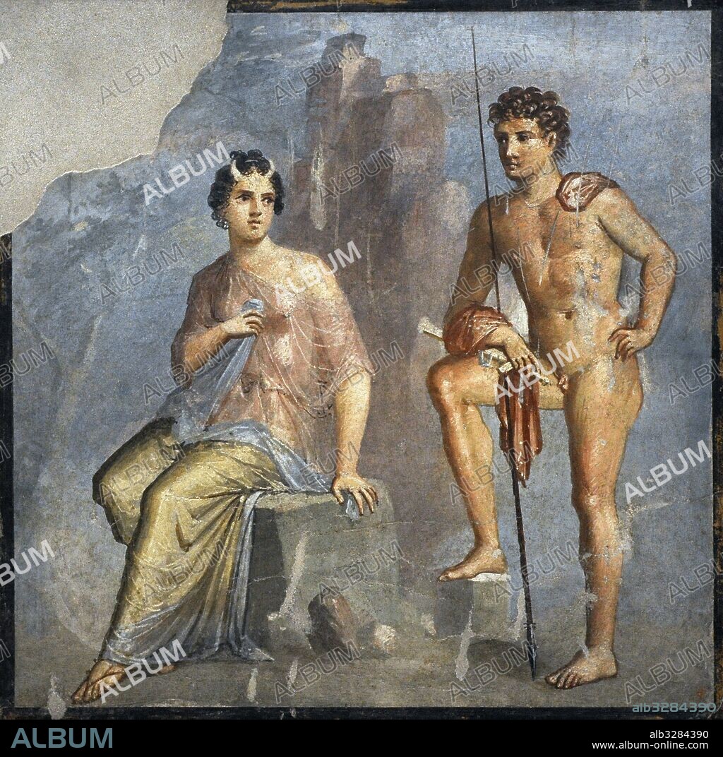 Ío con cuernos de bovino es vigilada por Argos (representado como un joven y atractivo pastor) bajo las órdenes de Hera. Pintura mural romana, procedente la Casa de Meleandor, Pompeya, siglo I d. C.. Museo Arqueológico Nacional. Nápoles. Italia.