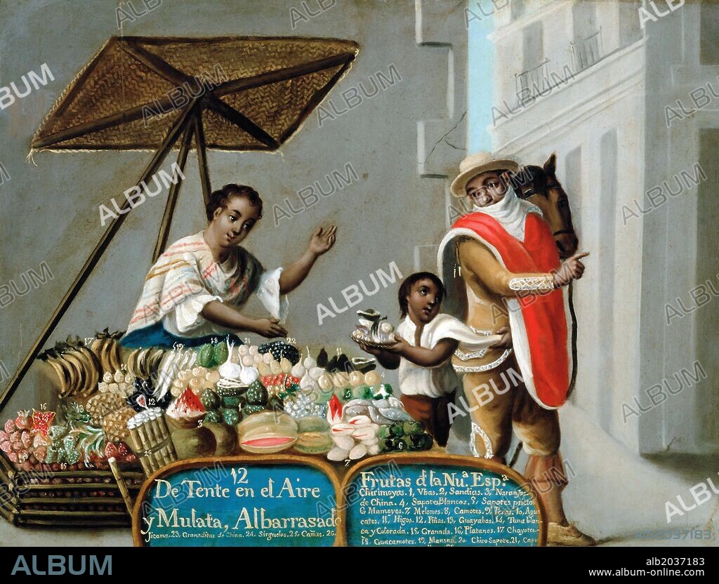 'Mestizaje: 12. De Tente en el Aire y Mulata. Albarrasado', siglo XVIII, Óleo sobre cobre.