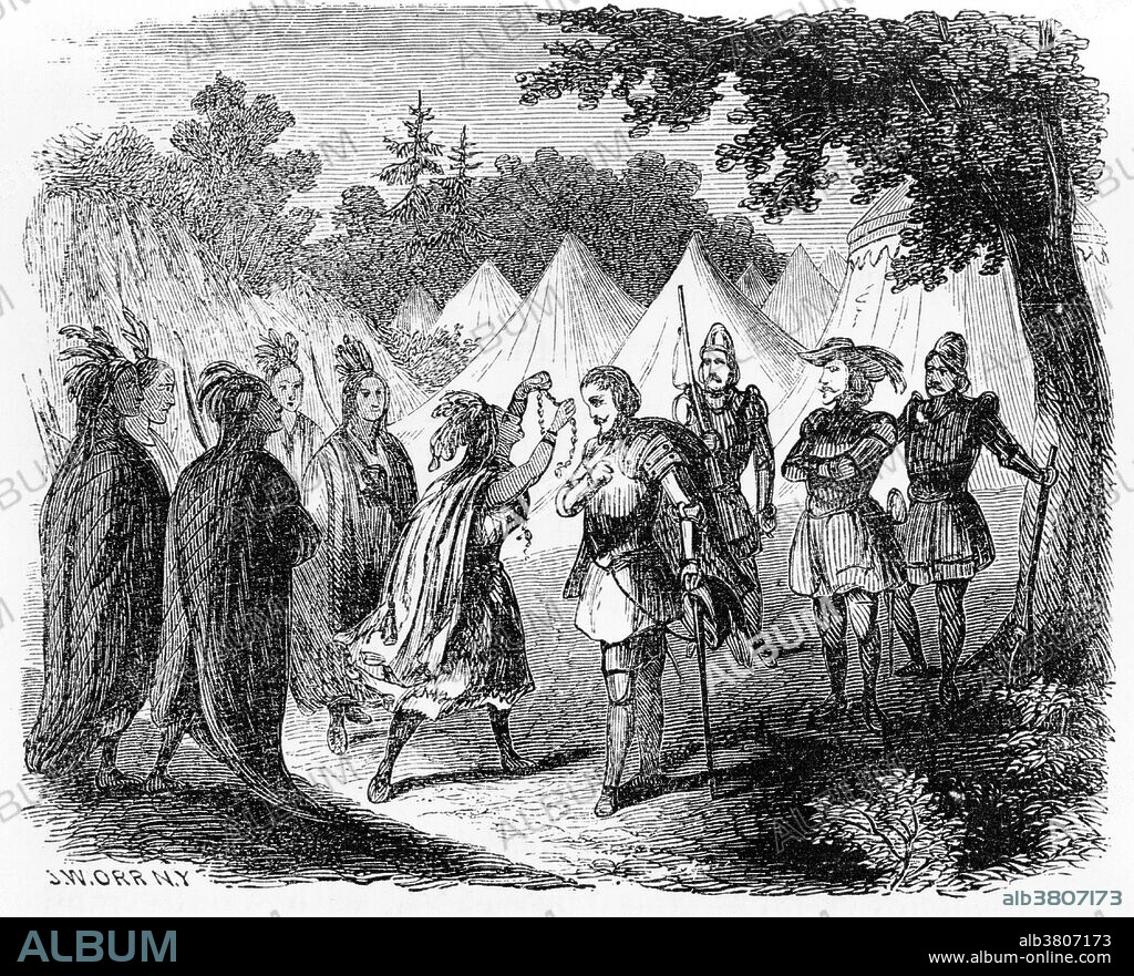 Princess Xualla presenting a necklace of pearls to Hernando de Soto, at Cofachiqui (South Carolina). Hernando de Soto (1496/98 - May 21, 1542) was a Spanish explorer and conquistador. He explored and colonized Panama, Nicaragua, Honduras and Peru, where the expedition, led by Francisco Pizarro, conquered the Incan Empire. In 1536 de Soto returned to Spain a rich man due to the gold stolen from the Incas. In 1537 the King of Spain granted him the rights the conquer Florida. He led the first European expedition deep into the territory of the modern-day United States, thus becoming the first European documented to have crossed the Mississippi River. A vast undertaking, de Soto's North American expedition ranged throughout the southeastern United States searching for gold and a passage to China. De Soto died in 1542 on the banks of the Mississippi River in Arkansas or Louisiana. Engraving by John William Orr for The Life, travels and adventures of Ferdinand de Soto, Discoverer of the Mississippi  by Lambert A. Wilmer, 1858.