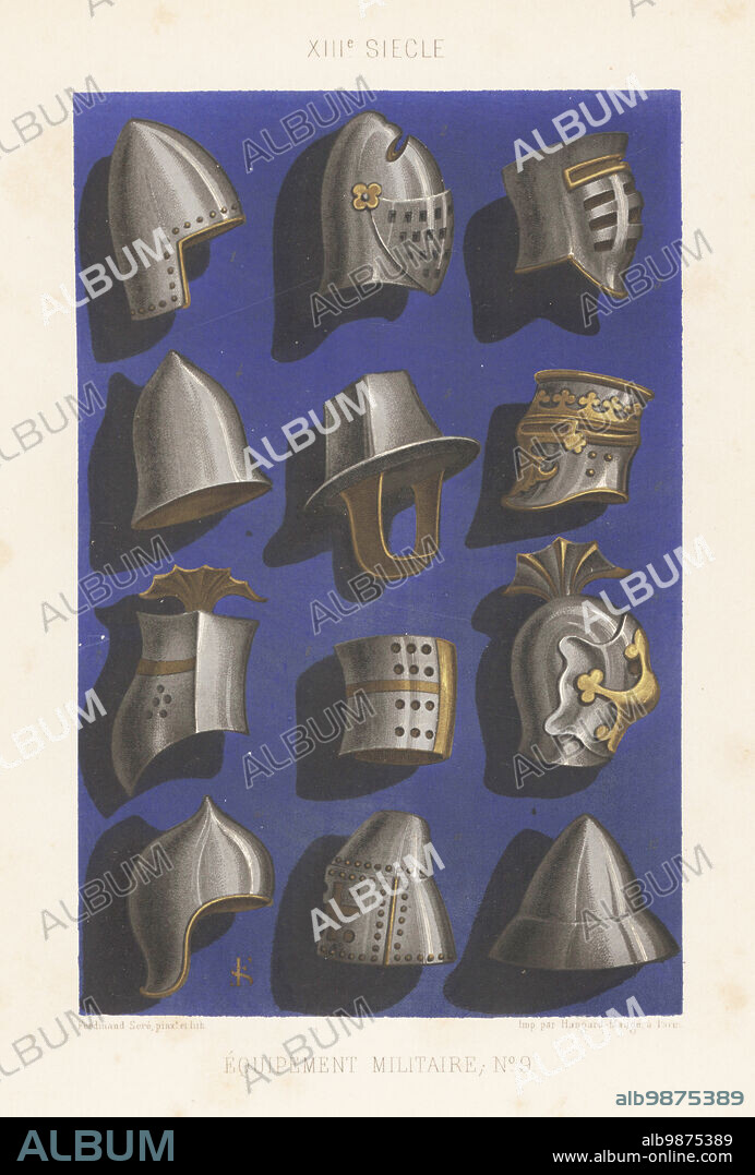 Military equipment, 13th century. Various types of helmets, great helms, bascinets, morions, crested, conical and cylindrical helmets used by soldiers, courtly knights and crusaders. Taken from manuscripts in libraries in Burgundy, Brussels, Paris and London. Equipement militaire, XIIIe siecle. Chromolithograph by Ferdinand Sere from Charles Louandres Les Arts Somptuaires, The Sumptuary Arts, Hangard-Mauge, Paris, 1858.