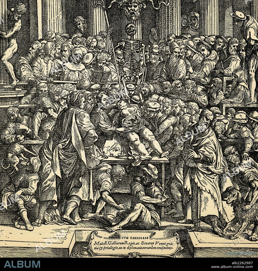 Detail Of An Anatomy Lesson On Title Page Of De Humani Corporis Fabrica Libri Septem (On The Fabric Of The Human Body In Seven Books) By Andreas Vesalius.